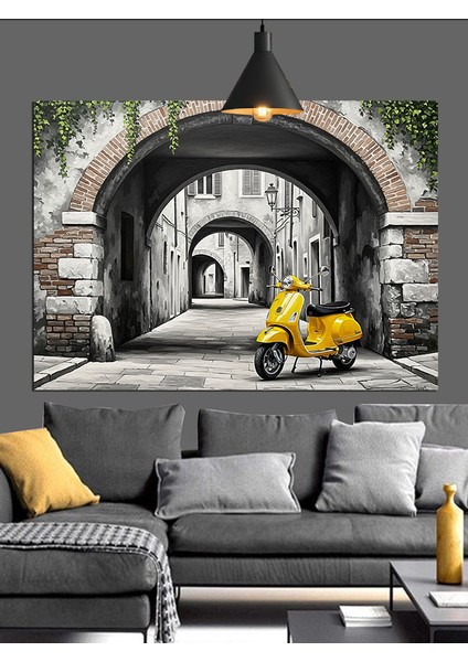 Şehirde Sarı Motosiklet Dekoratif Kanvas - Mdf Ahşap Tablo fırsatları