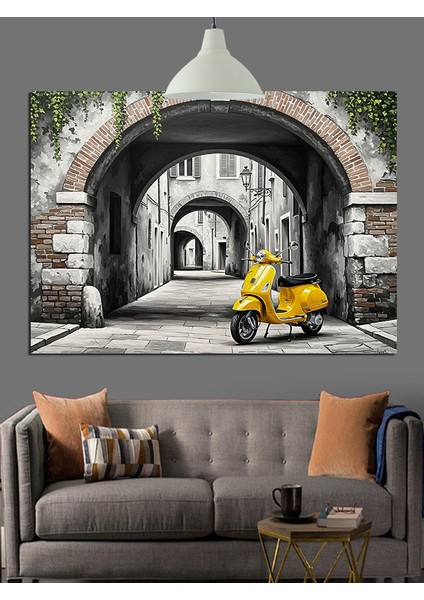 Şehirde Sarı Motosiklet Dekoratif Kanvas - Mdf Ahşap Tablo indirimleri