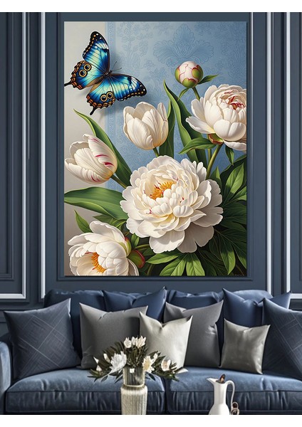 Mavi Kelebekli Beyaz Güller Dekoratif Kanvas - Mdf Ahşap Tablo fiyatları