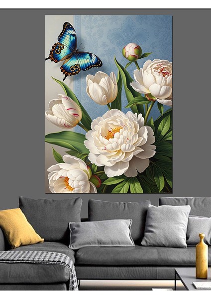 Mavi Kelebekli Beyaz Güller Dekoratif Kanvas - Mdf Ahşap Tablo modelleri