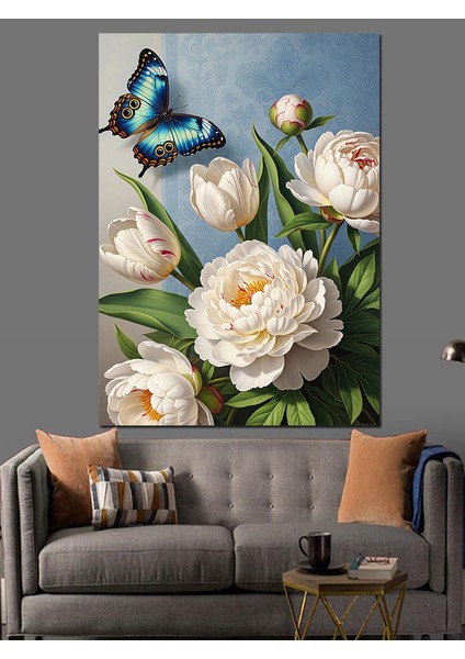 Mavi Kelebekli Beyaz Güller Dekoratif Kanvas - Mdf Ahşap Tablo fırsatları