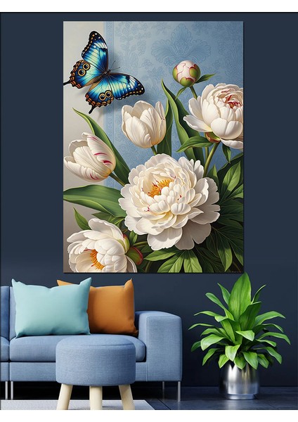 Mavi Kelebekli Beyaz Güller Dekoratif Kanvas - Mdf Ahşap Tablo indirimleri