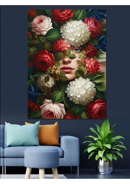 Çiçekler Içinde Saklı Kadın Dekoratif Kanvas - Mdf Ahşap Tablo