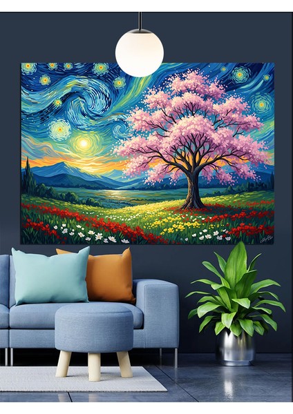 Bahar Ağacı Gece Manzarası Dekoratif Kanvas - Mdf Ahşap Tablo