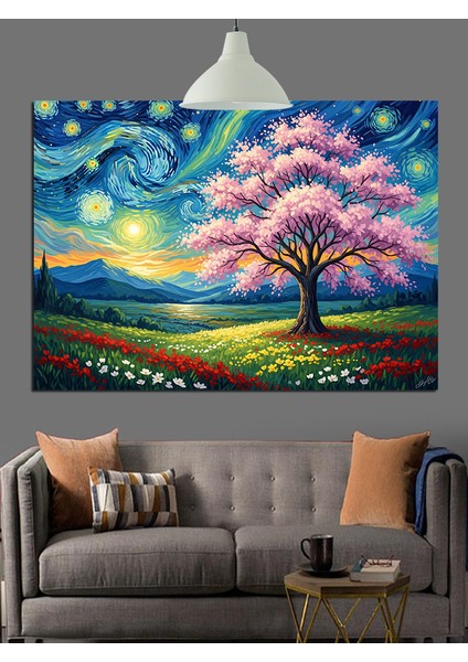 Bahar Ağacı Gece Manzarası Dekoratif Kanvas - Mdf Ahşap Tablo fırsatları