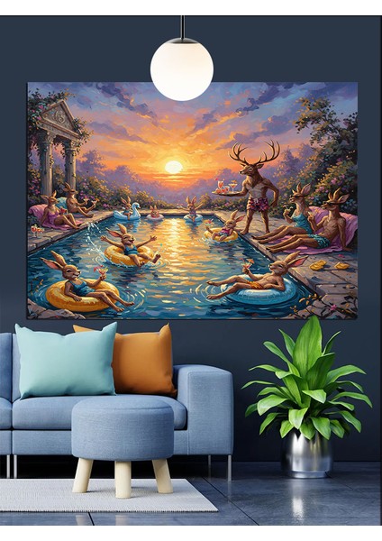 Gün Batımında Hayvanların Havuz Partisi Dekoratif Kanvas - Mdf Ahşap Tablo