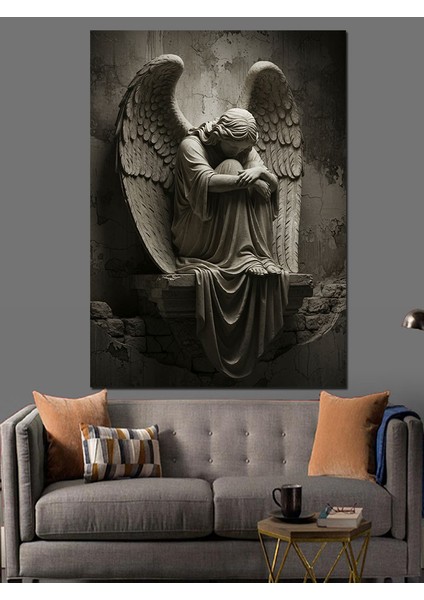 Melek Heykeli Siyah Beyaz Dekoratif Kanvas - Mdf Ahşap Tablo