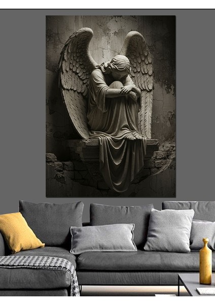 Melek Heykeli Siyah Beyaz Dekoratif Kanvas - Mdf Ahşap Tablo fiyatları