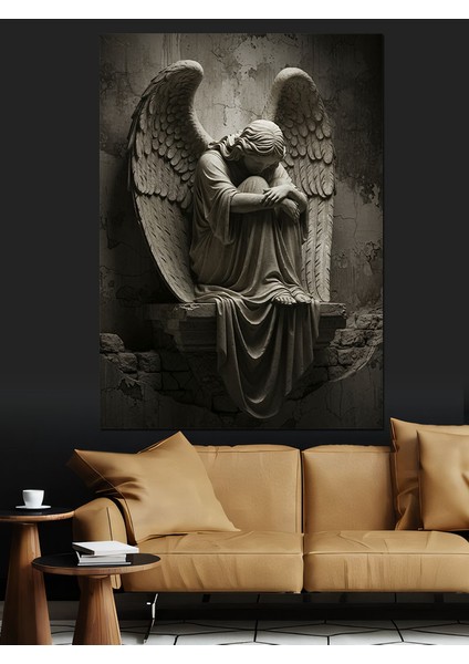 Melek Heykeli Siyah Beyaz Dekoratif Kanvas - Mdf Ahşap Tablo fırsatları