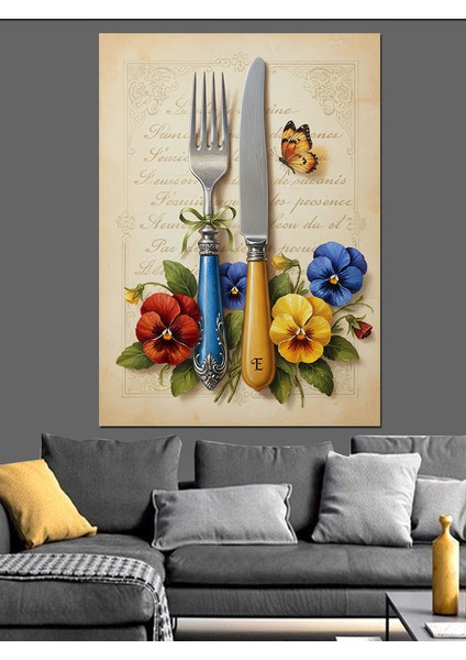 Yemek Takımı Çiçek Natürmort Dekoratif Kanvas - Mdf Ahşap Tablo