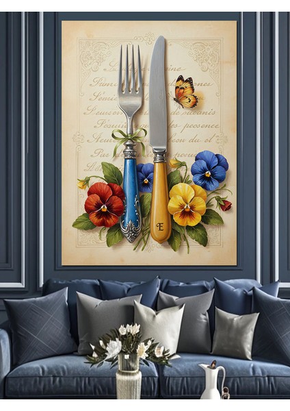 Yemek Takımı Çiçek Natürmort Dekoratif Kanvas - Mdf Ahşap Tablo fiyatları