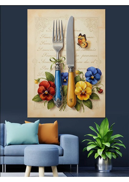 Yemek Takımı Çiçek Natürmort Dekoratif Kanvas - Mdf Ahşap Tablo fırsatları