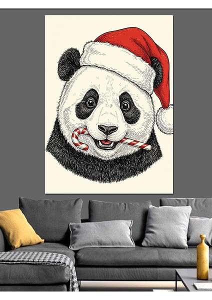 Noel Şapkalı Sevimli Panda Dekoratif Kanvas - Mdf Ahşap Tablo