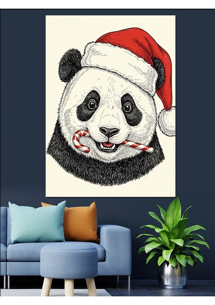Noel Şapkalı Sevimli Panda Dekoratif Kanvas - Mdf Ahşap Tablo modelleri