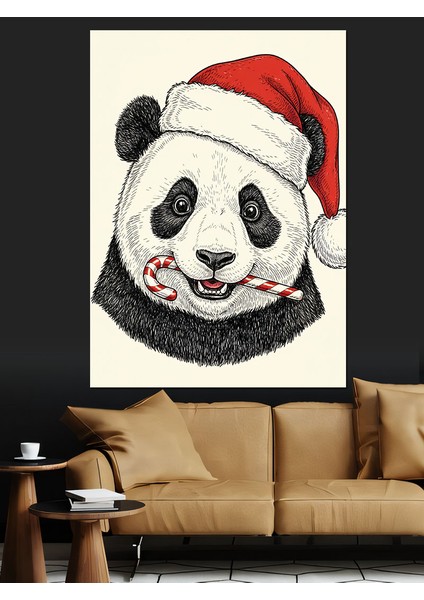 Noel Şapkalı Sevimli Panda Dekoratif Kanvas - Mdf Ahşap Tablo fırsatları