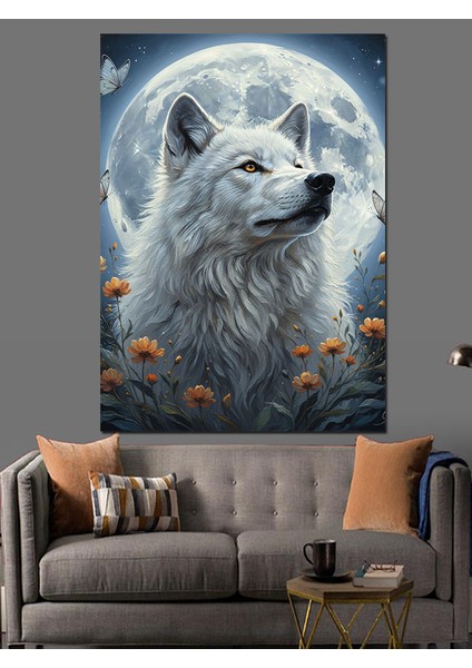 Ay Işığında Beyaz Kurt Dekoratif Kanvas - Mdf Ahşap Tablo