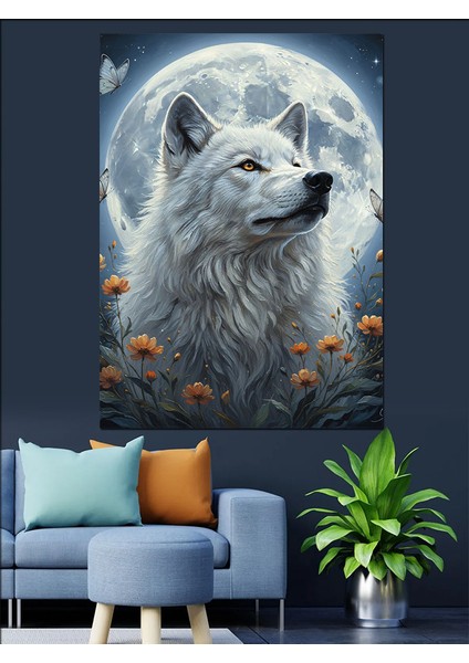 Ay Işığında Beyaz Kurt Dekoratif Kanvas - Mdf Ahşap Tablo fiyatları