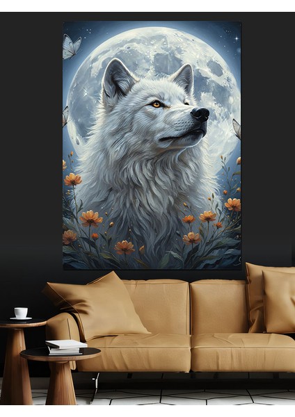 Ay Işığında Beyaz Kurt Dekoratif Kanvas - Mdf Ahşap Tablo modelleri