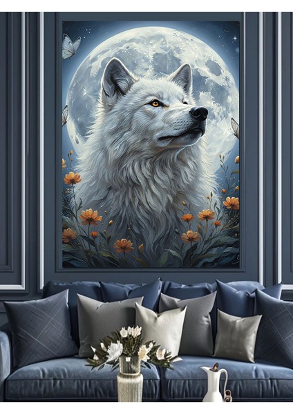 Ay Işığında Beyaz Kurt Dekoratif Kanvas - Mdf Ahşap Tablo fırsatları
