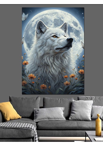 Ay Işığında Beyaz Kurt Dekoratif Kanvas - Mdf Ahşap Tablo indirimleri