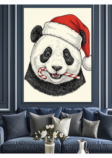 Noel Şapkalı Sevimli Panda Dekoratif Kanvas - Mdf Ahşap Tablo indirimleri