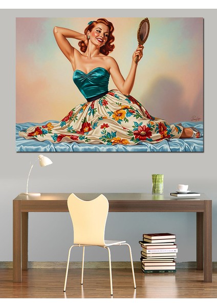 Ayna Tutan Retro Kadın Dekoratif Kanvas - Mdf Ahşap Tablo