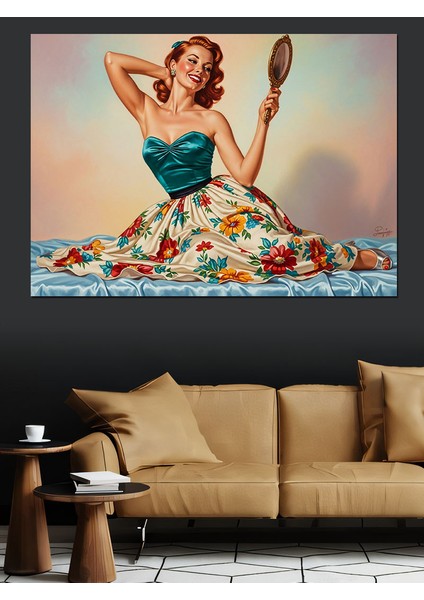 Ayna Tutan Retro Kadın Dekoratif Kanvas - Mdf Ahşap Tablo modelleri