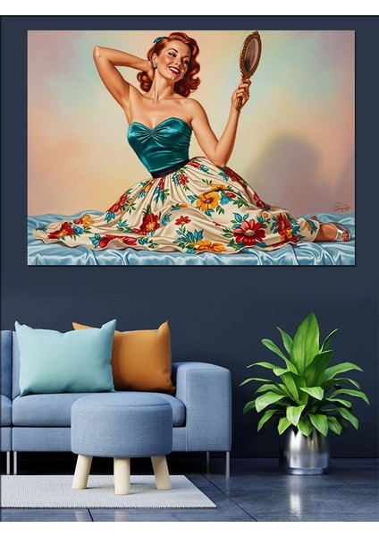 Ayna Tutan Retro Kadın Dekoratif Kanvas - Mdf Ahşap Tablo fırsatları