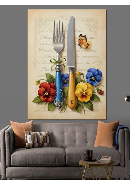 Yemek Takımı Çiçek Natürmort Dekoratif Kanvas - Mdf Ahşap Tablo indirimleri