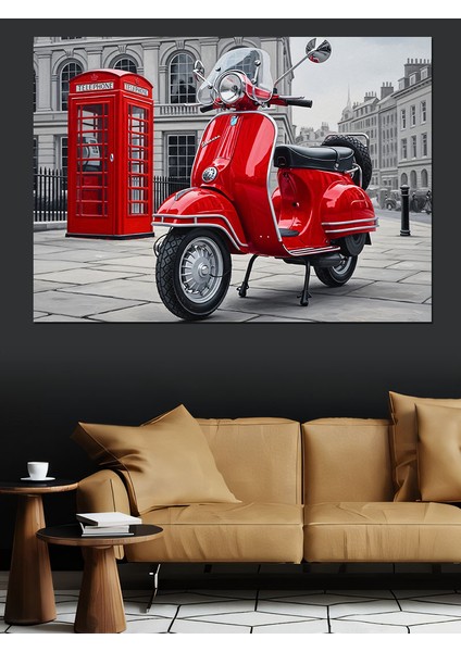 Kırmızı Ingiliz Telefon Kulübesi ve Motorsiklet Dekoratif Kanvas - Mdf Ahşap Tablo