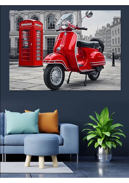 Kırmızı Ingiliz Telefon Kulübesi ve Motorsiklet Dekoratif Kanvas - Mdf Ahşap Tablo fiyatları