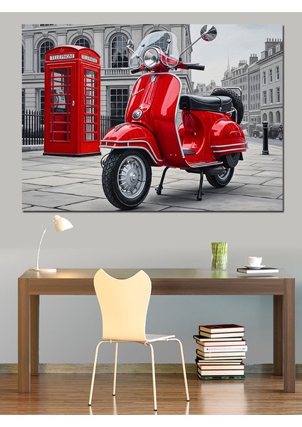 Kırmızı Ingiliz Telefon Kulübesi ve Motorsiklet Dekoratif Kanvas - Mdf Ahşap Tablo fırsatları