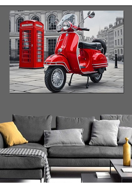 Kırmızı Ingiliz Telefon Kulübesi ve Motorsiklet Dekoratif Kanvas - Mdf Ahşap Tablo indirimleri