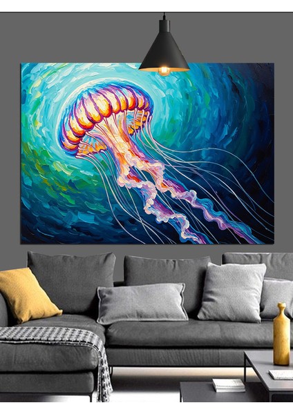 Okyanusta Yüzen Denizanası Dekoratif Kanvas - Mdf Ahşap Tablo