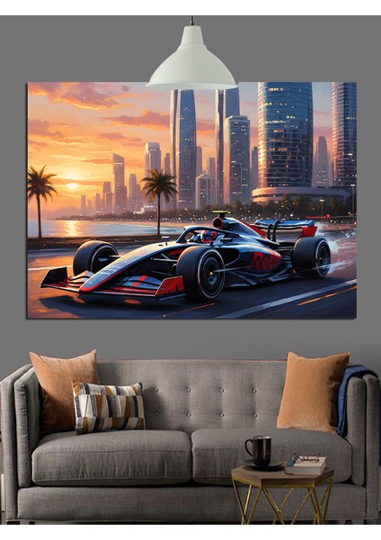 Formula 1 Arabası ve Şehir Manzarası Dekoratif Kanvas - Mdf Ahşap Tablo