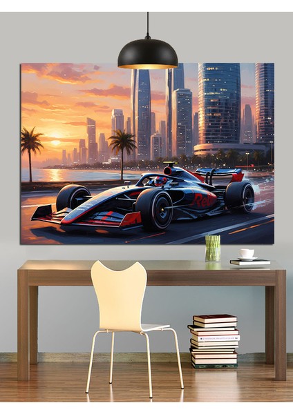 Formula 1 Arabası ve Şehir Manzarası Dekoratif Kanvas - Mdf Ahşap Tablo fiyatları