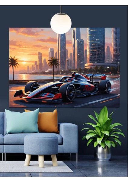 Formula 1 Arabası ve Şehir Manzarası Dekoratif Kanvas - Mdf Ahşap Tablo modelleri