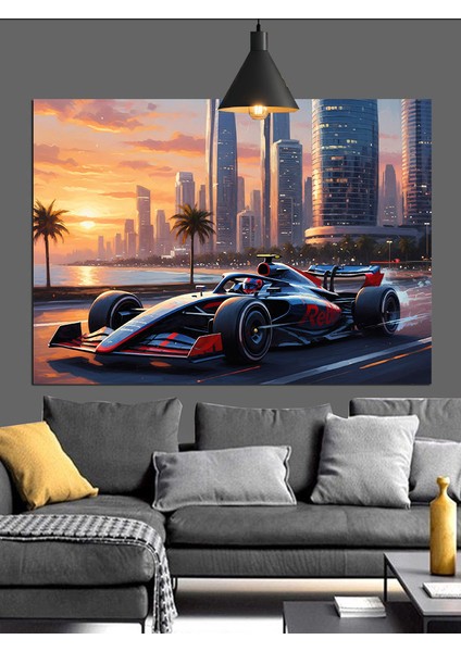 Formula 1 Arabası ve Şehir Manzarası Dekoratif Kanvas - Mdf Ahşap Tablo indirimleri