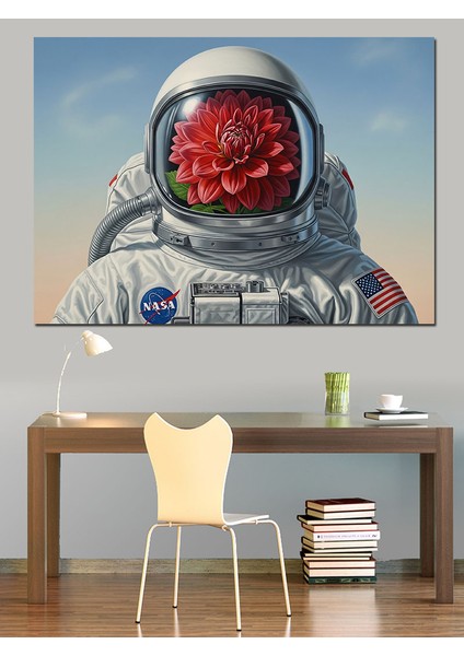 Çiçek Kafalı Astronot Dekoratif Kanvas - Mdf Ahşap Tablo