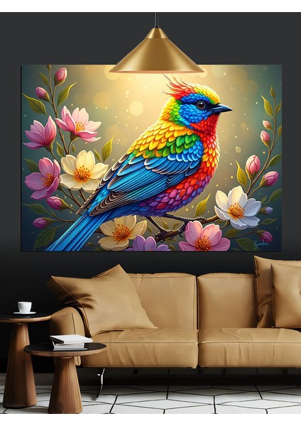 Renkli Kuş Bahar Çiçeklerine Bezenmiş Dekoratif Kanvas - Mdf Ahşap Tablo