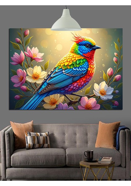 Renkli Kuş Bahar Çiçeklerine Bezenmiş Dekoratif Kanvas - Mdf Ahşap Tablo modelleri