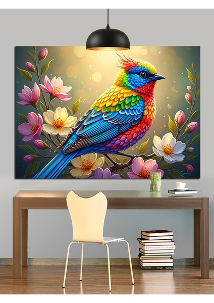 Renkli Kuş Bahar Çiçeklerine Bezenmiş Dekoratif Kanvas - Mdf Ahşap Tablo fırsatları