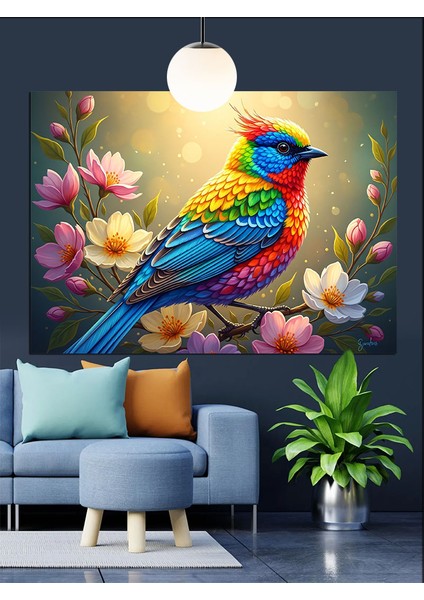 Renkli Kuş Bahar Çiçeklerine Bezenmiş Dekoratif Kanvas - Mdf Ahşap Tablo indirimleri