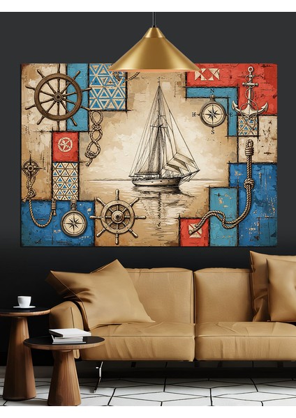 Yelkenli Tekne ve Simgeler Dekoratif Kanvas - Mdf Ahşap Tablo