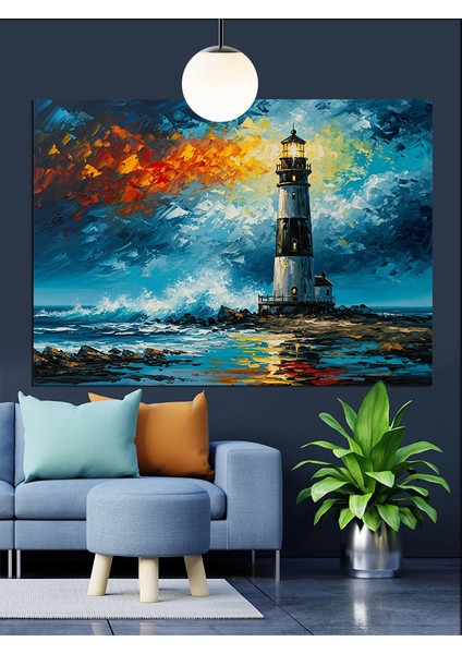 Deniz Feneri Fırtınalı Gece Dekoratif Kanvas - Mdf Ahşap Tablo