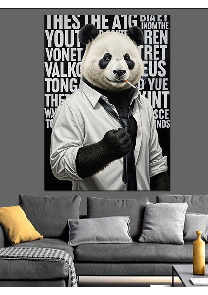 Beyaz Gömlek Giyen Panda Dekoratif Kanvas - Mdf Ahşap Tablo