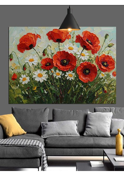 Kırmızı Gelincik Çiçek Tarlası Dekoratif Kanvas - Mdf Ahşap Tablo fiyatları