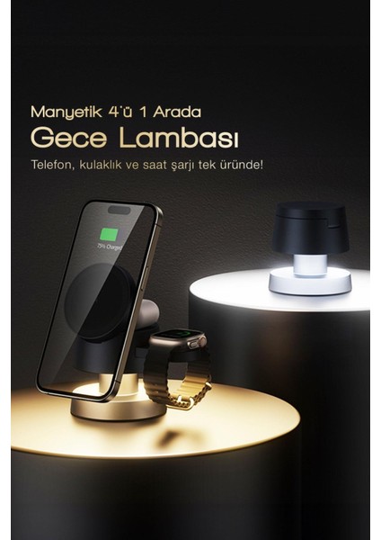 Manyetik 4’ü 1 Arada Magsafe Şarj Istasyonu – Telefon+Saat+Kulaklık+Gece Lambası | Hızlı Şarj Standı fiyatları