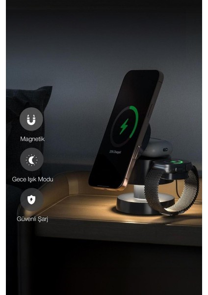 Manyetik 4’ü 1 Arada Magsafe Şarj Istasyonu – Telefon+Saat+Kulaklık+Gece Lambası | Hızlı Şarj Standı modelleri