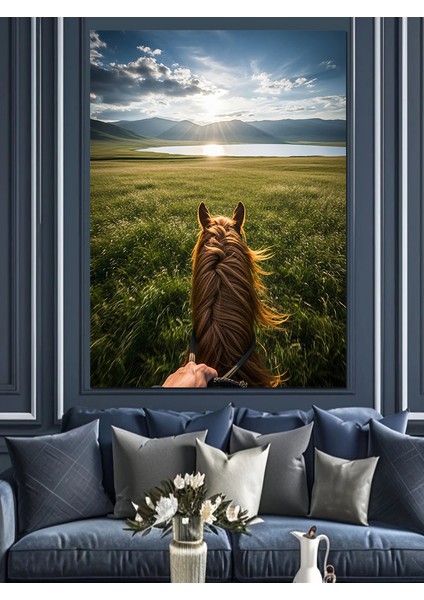 Çiçekli Tarlada At Üstünden Manzara Dekoratif Kanvas - Mdf Ahşap Tablo